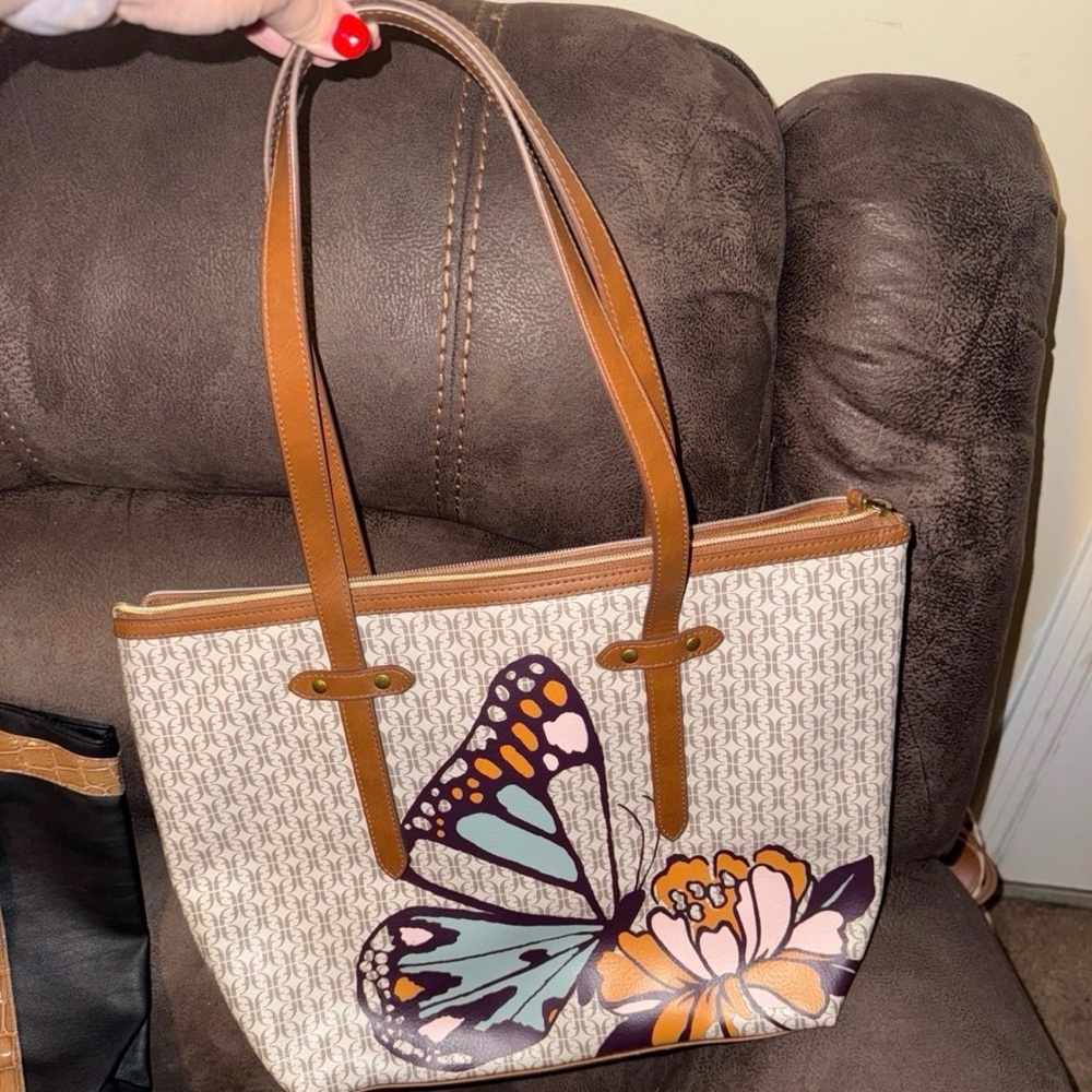 Fossil Beige Canvas Tote with Brown Straps and Multicolor Butterfly Print